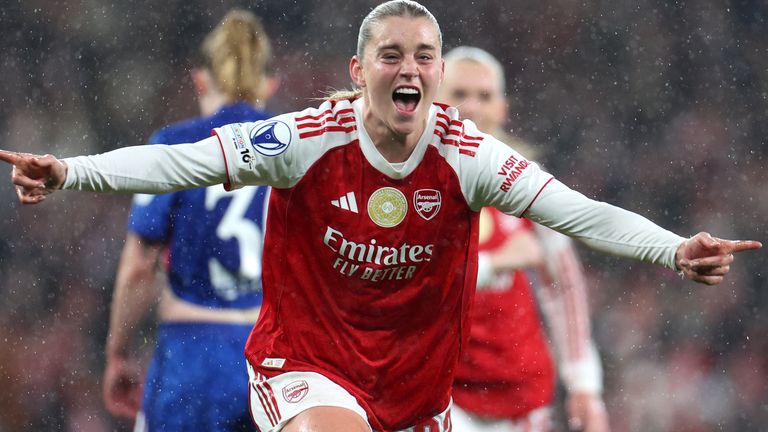 Alessia Russo celebrates after her goal gave Arsenal a 3-1 lead over Chelsea in their Women's Champions League quarter-final