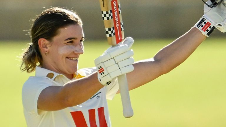 Australia's Annabel Sutherland celebrates her hundred against India in the Perth Test match in March 2026 (Getty Images)