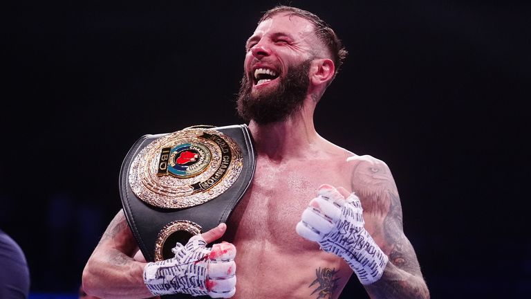 Anthony Cacace celebrates winning their IBO World Super Featherweight bout against Leigh Wood at the Motorpoint Arena Nottingham. Picture da