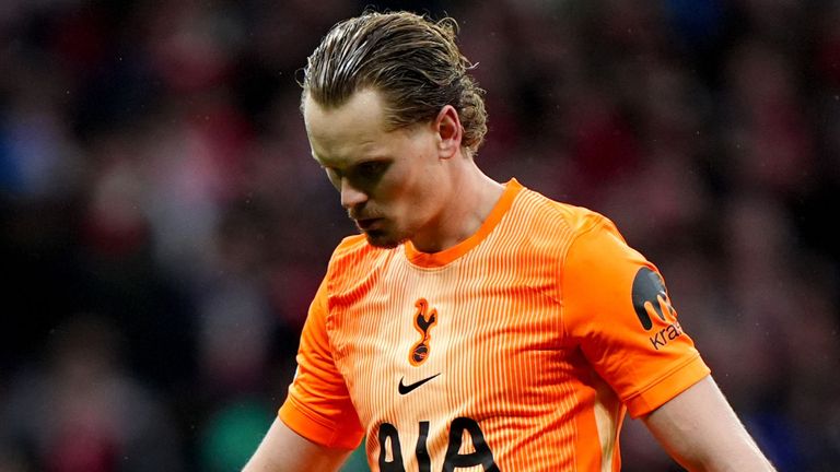Spurs goalkeeper Antonin Kinsky appears dejected after conceding their second goal