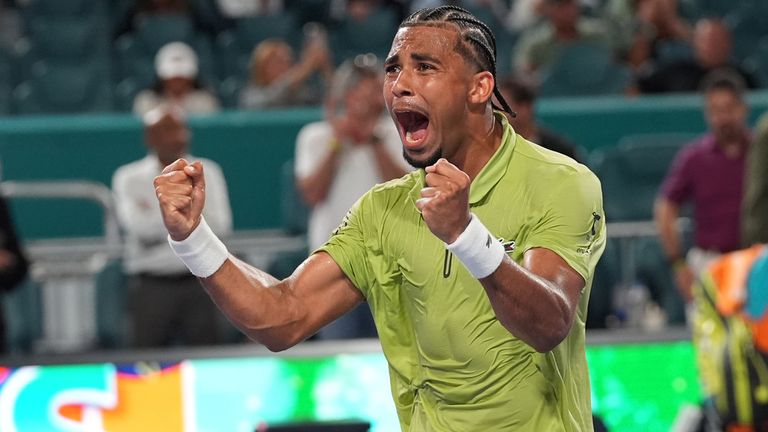 Arthur Fils of France reacts after defeating Tommy Paul during a quarterfinal match at the Miami Open tennis tournament, Wednesday, March 25, 2026, in Miami Gardens, Fla. (AP Photo/Marta Lavandier)