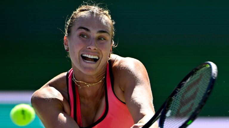Aryna Sabalenka returns a shot during the BNP Paribas Open at Indian Wells (Associated Press)