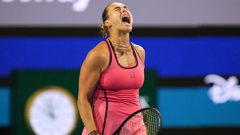 Aryna Sabalenka reacts after defeating Elena Rybakina at the Miami Open (AP Photo/Marta Lavandier)
