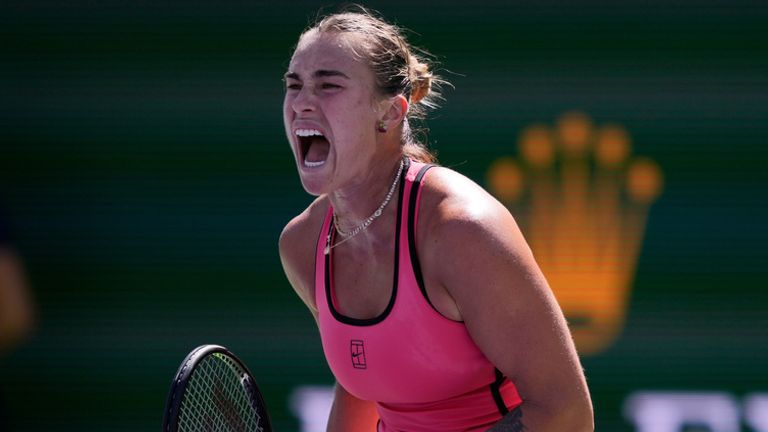 Aryna Sabalenka, of Belarus, reacts after winning a point against Elena Rybakina, of Kazakhstan, during a final match at the BNP Paribas Open tennis tournament Sunday, March 15, 2026, in Indian Wells, Calif. (AP Photo/Mark J. Terrill)