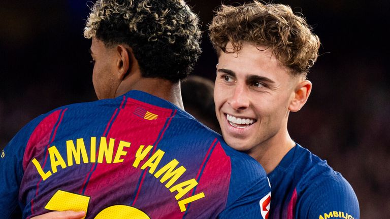 Fermin Lopez celebrates with fellow academy graduate Lamine Yamal