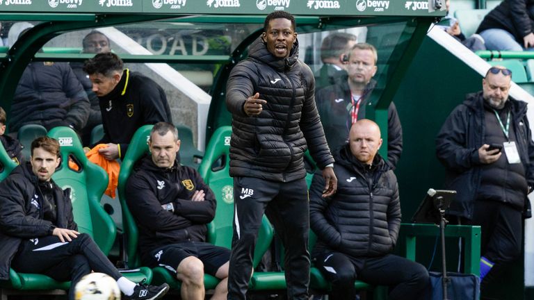 Livingston manager Marvin Bartley looks on against Hibernian