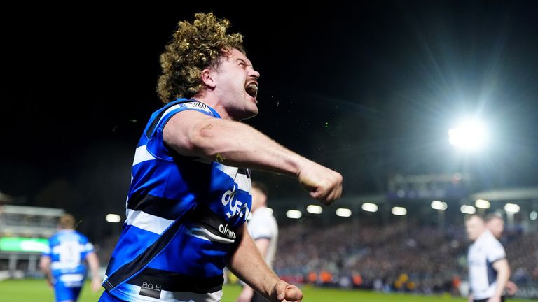 Bath Rugby's Alfie Barbeary celebrates after scoring his sides third try against Saracens.