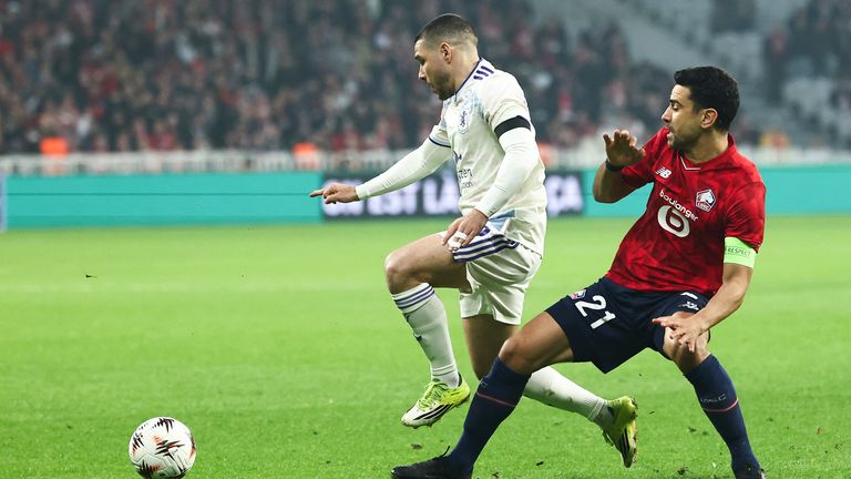 Aston Villa Emiliano Buendia and Lille's midfielder Benjamin Andre