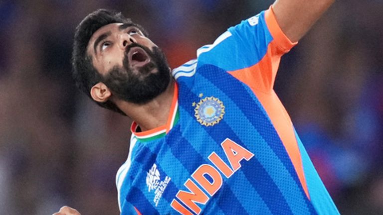 India's Jasprit Bumrah celebrates the wicket of New Zealand's Matt Henry during the T20 World Cup cricket final match between India and New Zealand in Ahmedabad, India, Sunday, March 8, 2026. (AP Photo/Ajit Solanki)