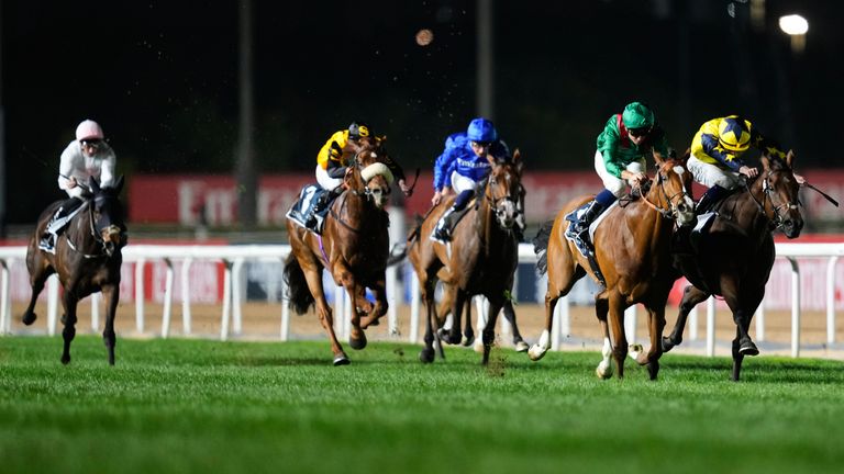 Calandagan, toinen oikealta, ratsastaa jockey Mickael Barzalona ja voitti 6 miljoonan dollarin Dubai Sheema Classicin. (AP Photo / Altaf Qadri)
