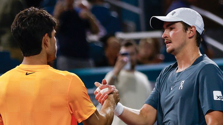 Carlos Alcaraz (ESP) shakes hands at the end of a men's singles match with Joao Fonseca (BRA) at the Miami Open on March 20, 2026, at Hard R