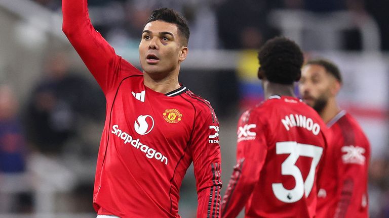 Casemiro salutes the away fans after scoring Manchester United's equaliser at Newcastle