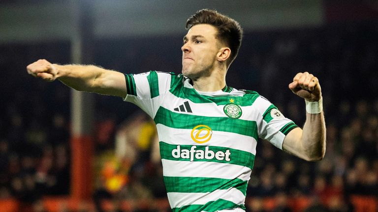 Celtic's Kieran Tierney celebrates after scoring to make it 1-0 against Aberdeen