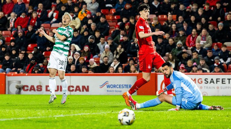 Celtic's Daizen Maeda drags a shot wide against Aberdeen