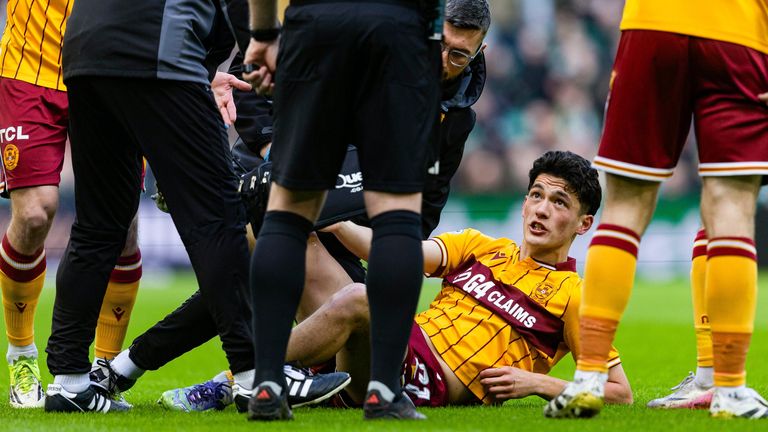 Motherwell's Elijah Just appeals to the referee against Celtic 