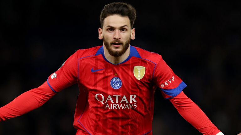 Khvicha Kvaratskhelia celebrates after giving PSG an early lead at Stamford Bridge