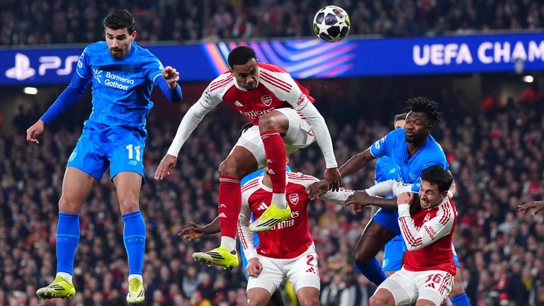 Gabriel directs a header towards the Leverkusen goal