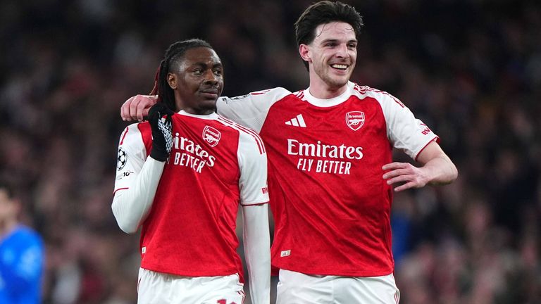 Eberechi Eze celebrates with Declan Rice after opening the scoring for Arsenal against Bayer Leverkusen