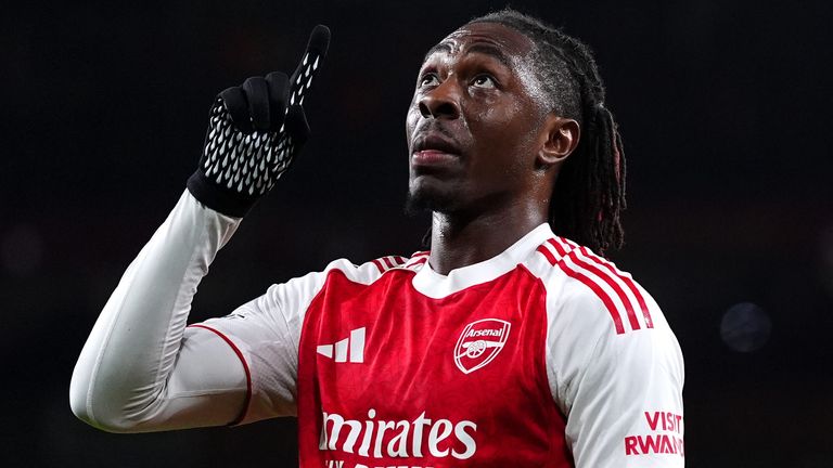 Eberechi Eze celebrates after scoring Arsenal's opening goal in their second leg with Bayer Leverkusen