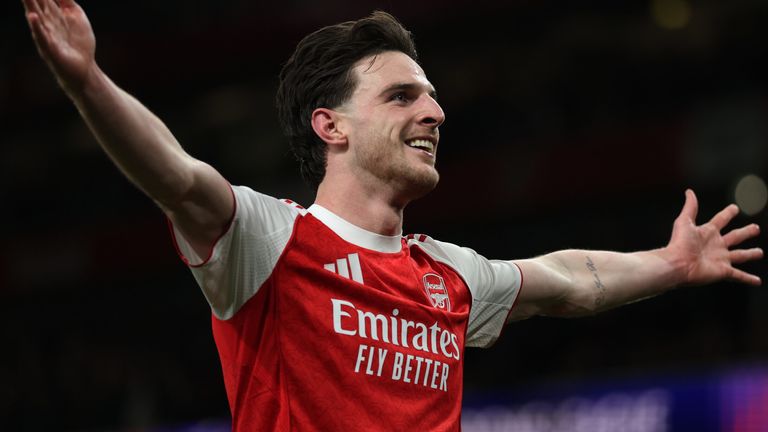 Declan Rice celebrates after scoring for Arsenal against Bayer Leverkusen