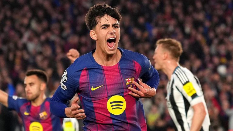 Marc Bernal celebrates after restoring Barcelona's lead against Newcastle