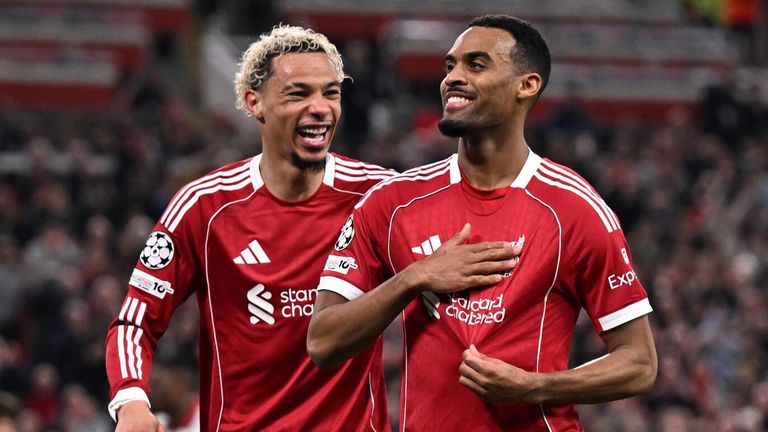 Goalscorers Ryan Gravenberch and Hugo Ekitke celebrate at Anfield