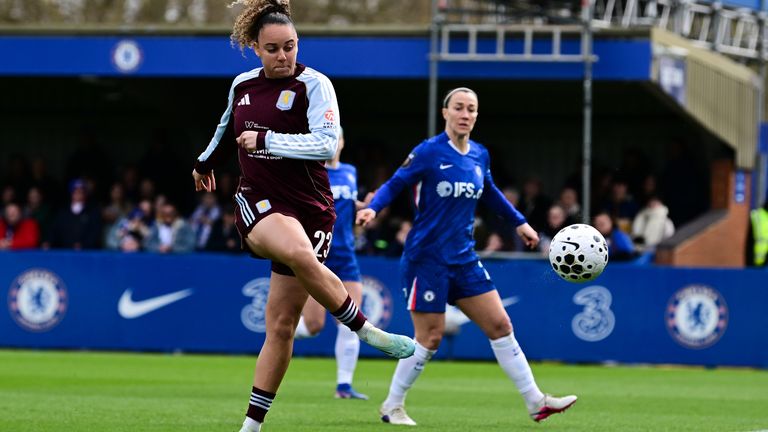 Chasity Grant scores early in the first half to give Villa the lead at Kingsmeadow