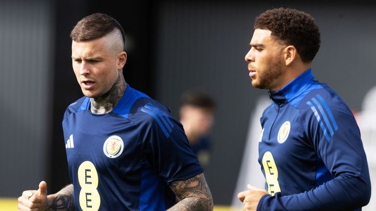 GLASGOW, SCOTLAND - SEPTEMBER 04: Lyndon Dykes and Che Adams during a Scotland training session at The City Stadium, on September 04, 2025, in Glasgow, Scotland. (Photo by Alan Harvey / SNS Group)