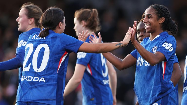 Naomi Girma is congratulated after scoring Chelsea's winning goal in the Women's FA Cup against Man Utd