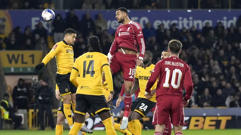 Liverpool's Cody Gakpo heads the ball during the Emirates FA Cup fifth round match at Molineux