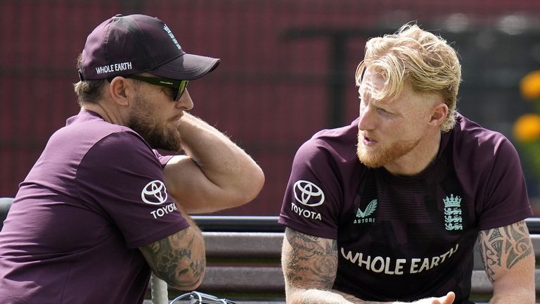England head coach Brendon McCullum (left) and Ben Stokes during a nets session at Emirates Old Trafford,