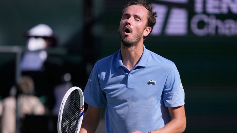 Daniil Medvedev, of Russia, reacts after losing a point against Jannik Sinner, of Italy, during a final match at the BNP Paribas Open tennis