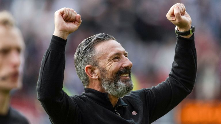 Hearts boss Derek McInnes celebrates the win over Dundee