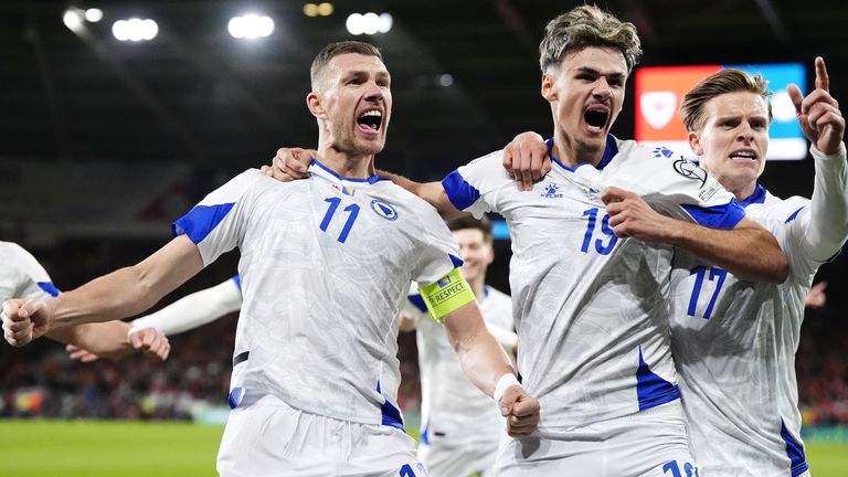 Bosnia and Herzegovina's Edin Dzeko celebrates his equaliser with team-mates