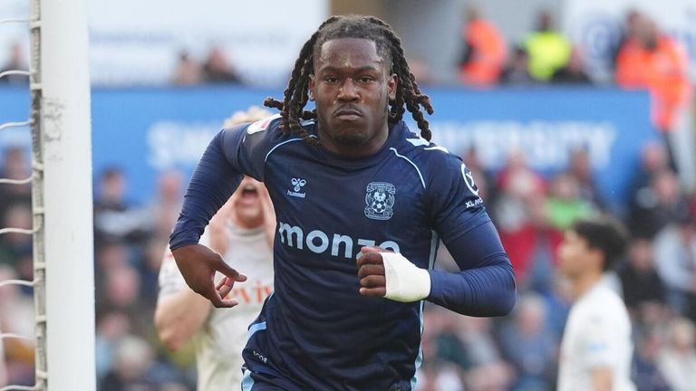 Brandon Thomas-Asante turns to celebrate after giving Coventry the lead at Swansea from the penalty spot