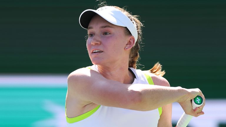 Elena Rybakina of Kazakhstan returns against Aryna Sabalenka during their Women's Singles Finals match on Day 12 of the BNP Paribas Open at 
