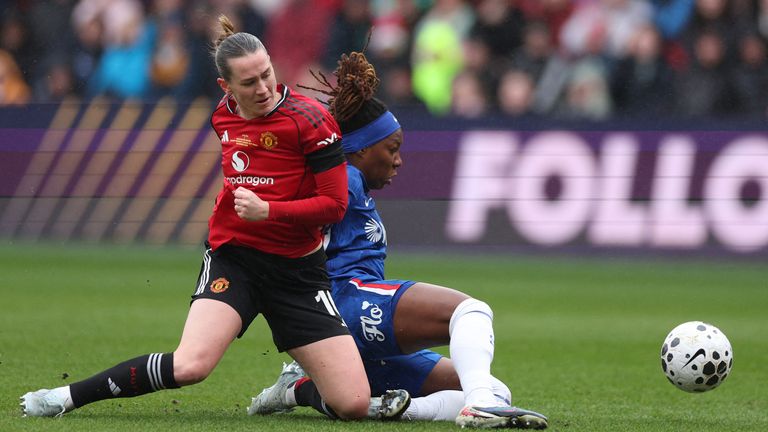 Man Utd forward Elisabeth Terland tussles with Chelsea defender Kadeisha Buchanan