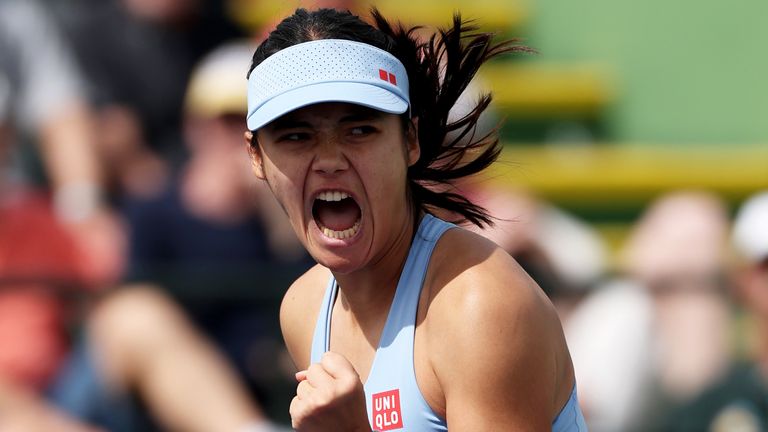 Emma Raducanu of Great Britain celebrates a point against Anastasia Zakharova in their second round match of the BNP Paribas Open at Indian 