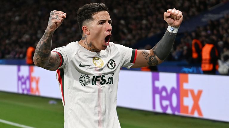 Enzo Fernandez celebrates after scoring Chelsea's second equaliser 