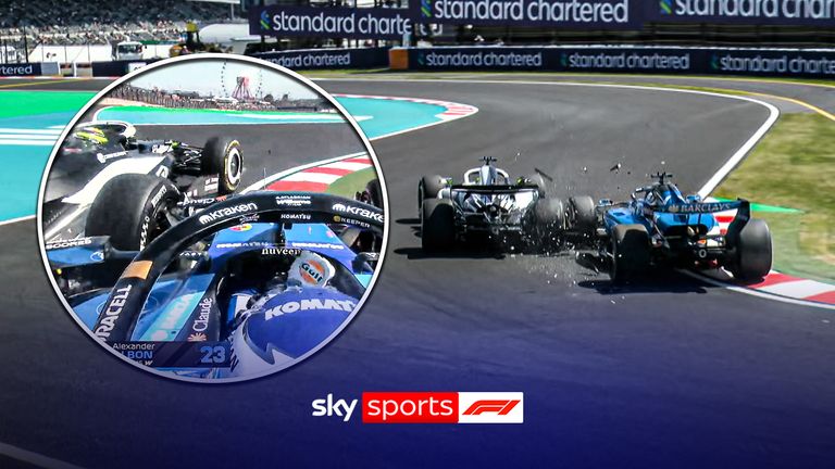 Alex Albon and Sergio Perez make contact in first practice of the Japanese Grand Prix.