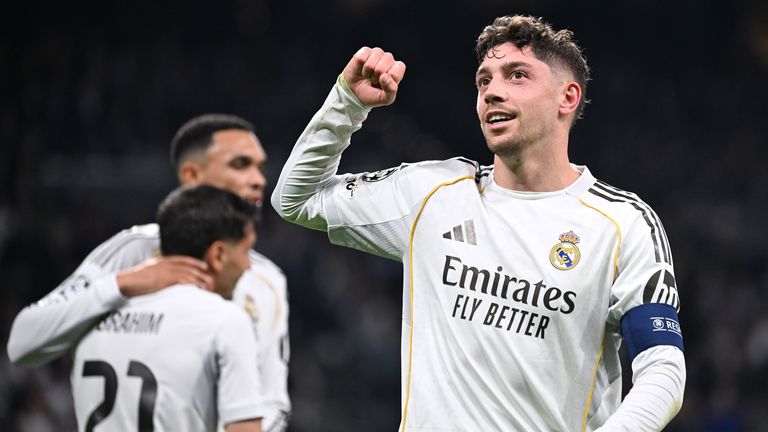 Fede Valverde celebrates the second of his three goals for Real Madrid against Manchester City in the Champions League