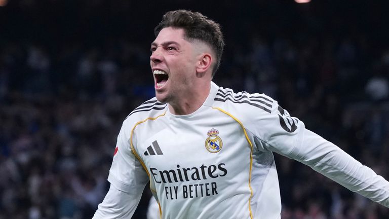 Federico Valverde celebrates after scoring Real Madrid's second goal against Atletico