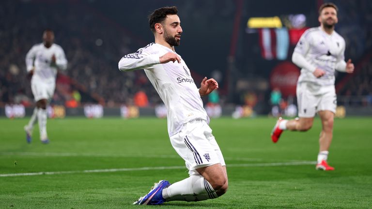 Bruno Fernandes celebrates scoring a penalty for Man Utd at Bournemouth