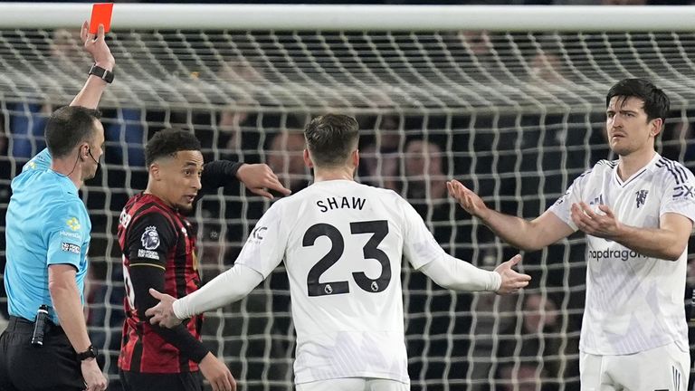 Manchester United's Harry Maguire is sent off against Bournemouth