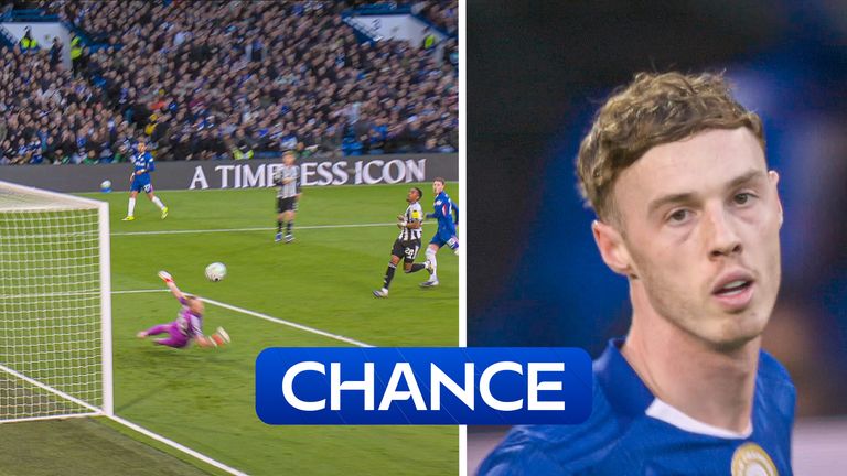 Cole Palmer takes a shot at goal in Chelsea's game against Newscastle.