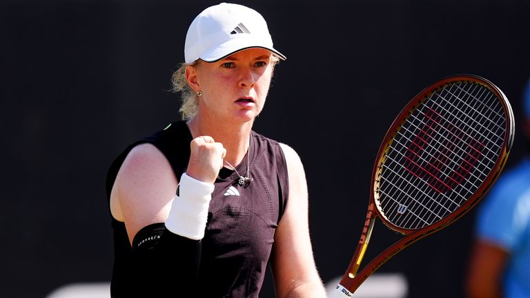 Francesca Jones reacts during her match against Linda Noskova on day three of the Lexus Nottingham Open at the Lexus Nottingham Tennis Centr