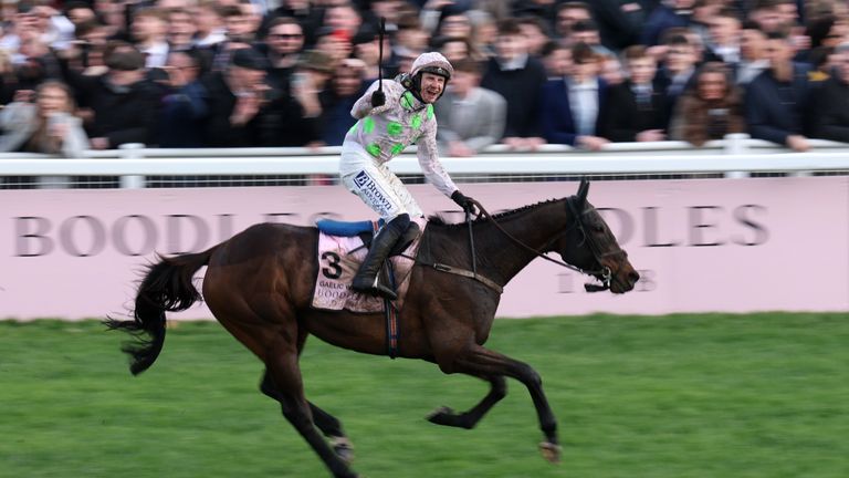 Paul Townend celebrates as Gaelic Warrior wins the Gold Cup at Cheltenham