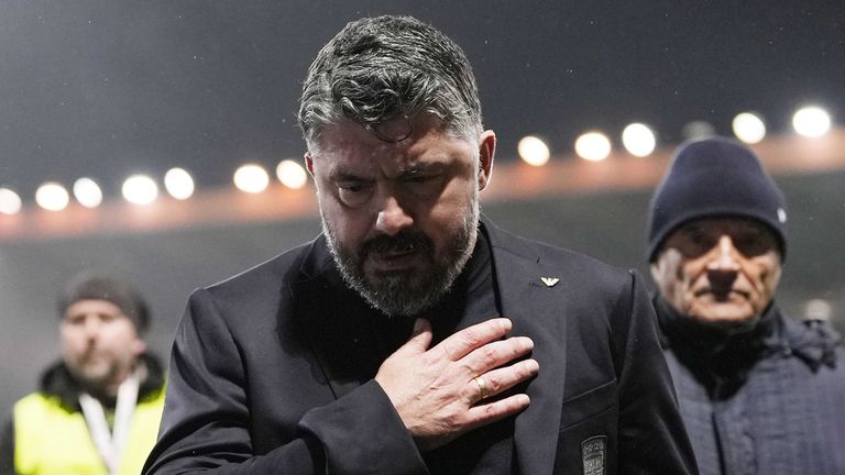Italy coach Gennaro Gattuso leaves the pitch after losing the World Cup qualifying playoff final between Bosnia and Italy in Zenica, Bosnia, Tuesday, March 31, 2026. (Fabio Ferrari/LaPresse via AP)