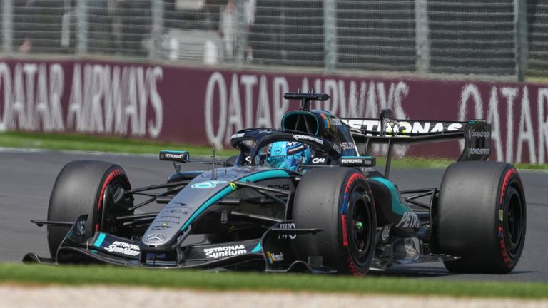 Mercedes driver George Russell of Britain steers his car during the third practice session for the Australian Formula One Grand Prix at Albert Park, in Melbourne, Australia, Saturday, March 7, 2026. (AP Photo/Heath McKinley )