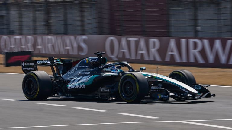 Mercedes driver George Russell of Britain steers his car during the first practice session ahead of the Chinese Formula One Grand Prix, in Shanghai, China, Friday, March 13, 2026. (AP Photo/Andy Wong)